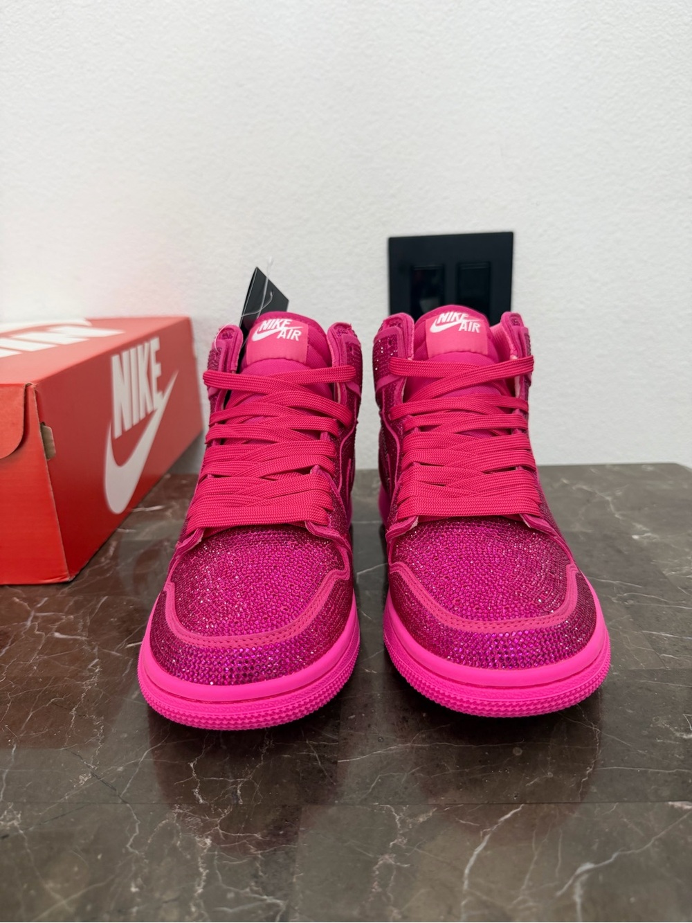 Fuschia/Pink Iced Out Nike Air Jordan 1 Custom Crystal Sneakers - Picture 4 of 7